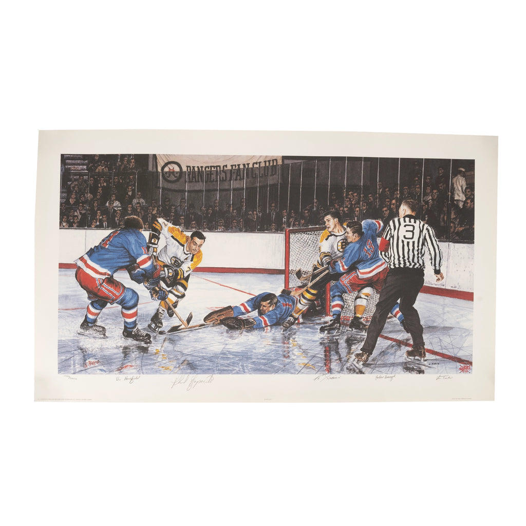 (PAST AUCTION) <br> Lot 68: Phil Esposito, John Bucyk, Ed Giacomin, Vic Hadfield, Bruins / Rangers Autographed 31 x 38 Litho