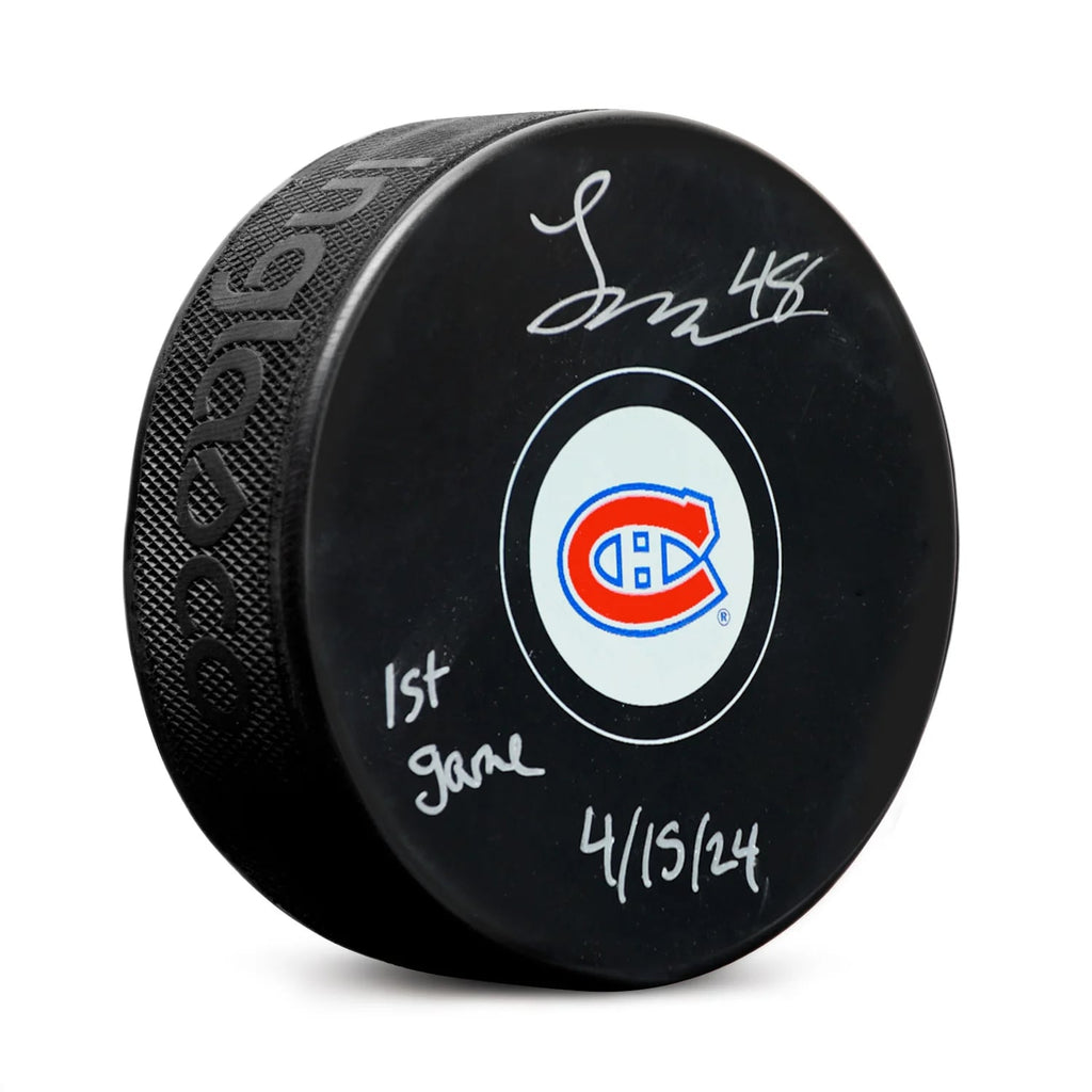 Lane Hutson Autographed & Inscribed Puck - Logo (1st Game)