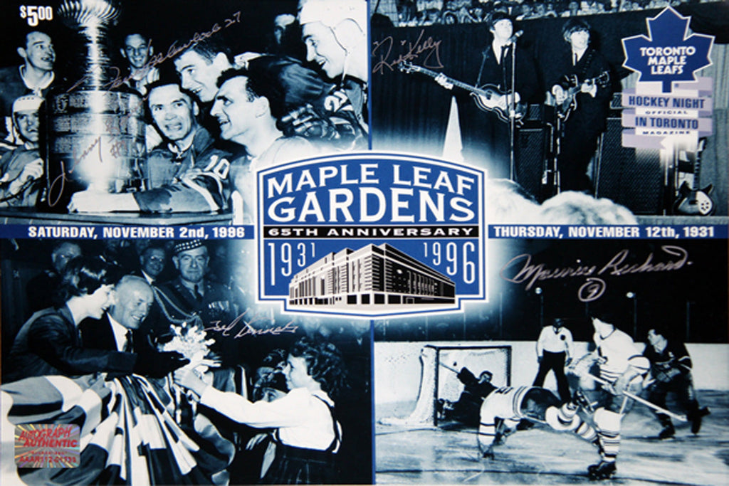 (PAST AUCTION) <br> LOT 48: MAURICE RICHARD, JOHNY BOWER, FRANK MAHOVLICH, RED KELLY AND TED KENNEDY AUTOGRAPHED 11X14 PHOTO - Maple Leaf Gardens 65th Annversary