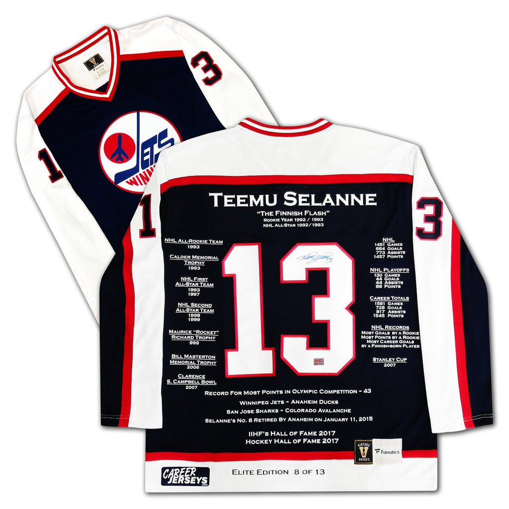 (PAST AUCTION) <br> LOT 47: TEEMU SELANNE AUTOGRAPHED CAREER FANATICS VINTAGE JERSEY-  ELITE EDITION 8/13