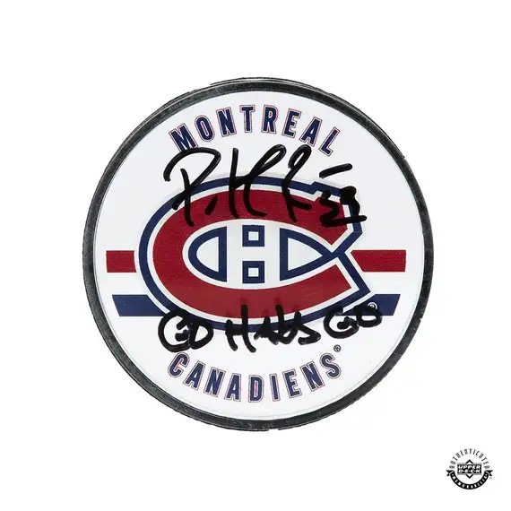 (PAST AUCTION) <br> LOT 17: PATRICK ROY AUTOGRAPHED AND INSCRIBED MONTREAL CANADIENS ACRYLIC PUCK