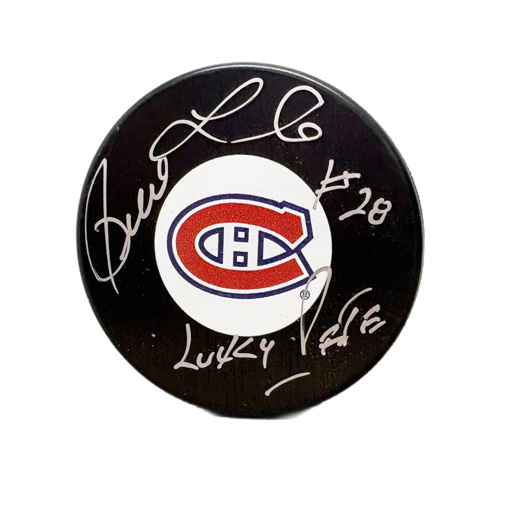 Pierre Larouche Autographed & Inscribed Puck - Logo (Lucky Pete)