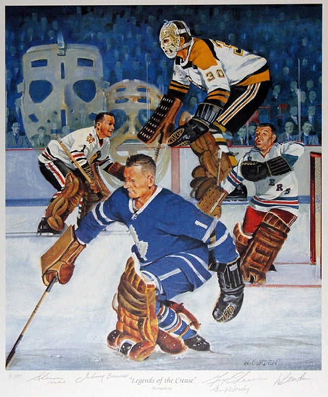 (PAST AUCTION) <br> LOT 69: JOHNNY BOWER, GERRY CHEEVERS, GLEN HALL AND GUMP WORSLEY LITHOGRAPH LTD ED /197 - Legends of the Crease