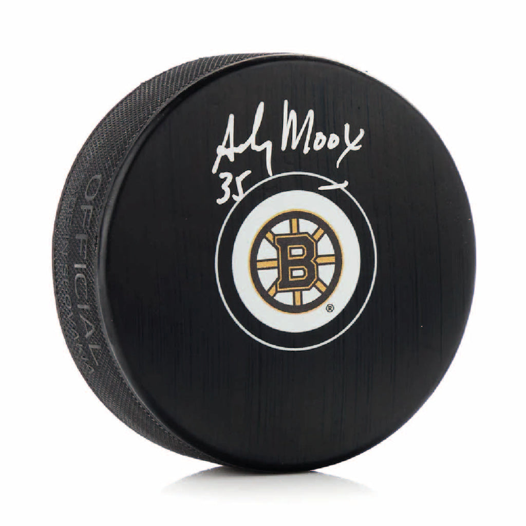 Andy Moog Autographed Boston Bruins Puck - Logo