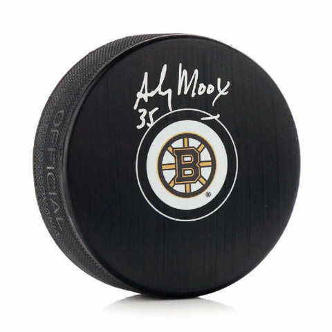 Andy Moog Autographed Boston Bruins Puck - Logo