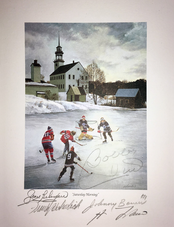 (PAST AUCTION) <br> LOT 51: JOHNNY BOWER, GUY LAFLEUR, JEAN BELIVEAU, BOBBY HULL AND PETE MAHOVLICH AUTOGRAPHED 9.5 X 8 LITHOGRAPH - Saturday Morning