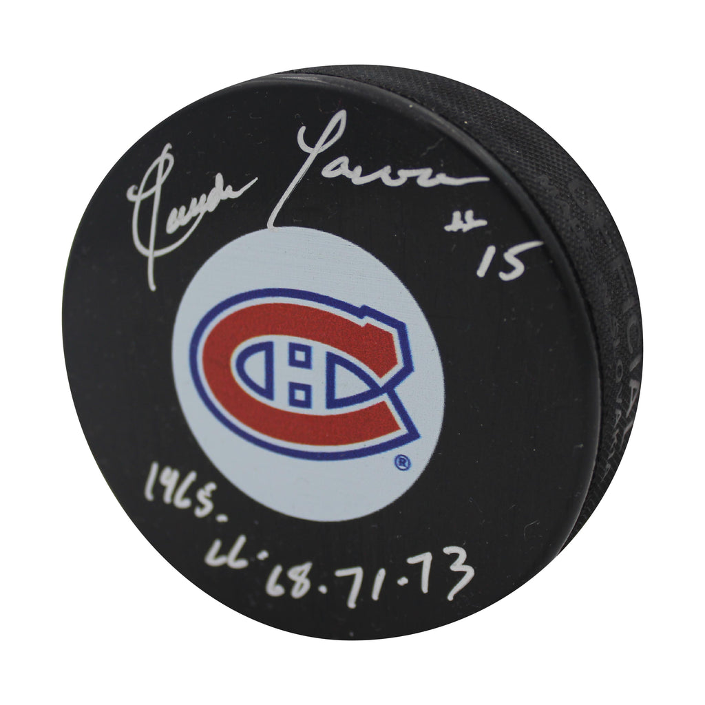 Claude Larose Autographed & Inscribed Puck - Logo