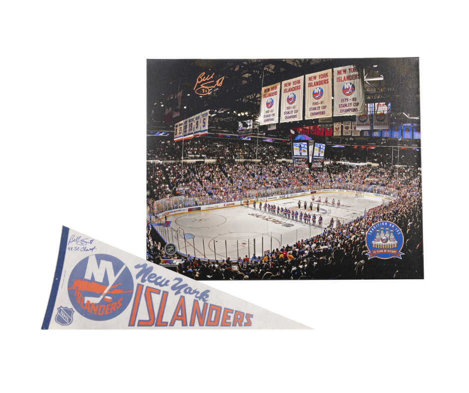 (PAST AUCTION) <br> Lot 58: Billy Smith Autographed 16x20 Canvas & Autographed and Inscribed New York Islanders Flag