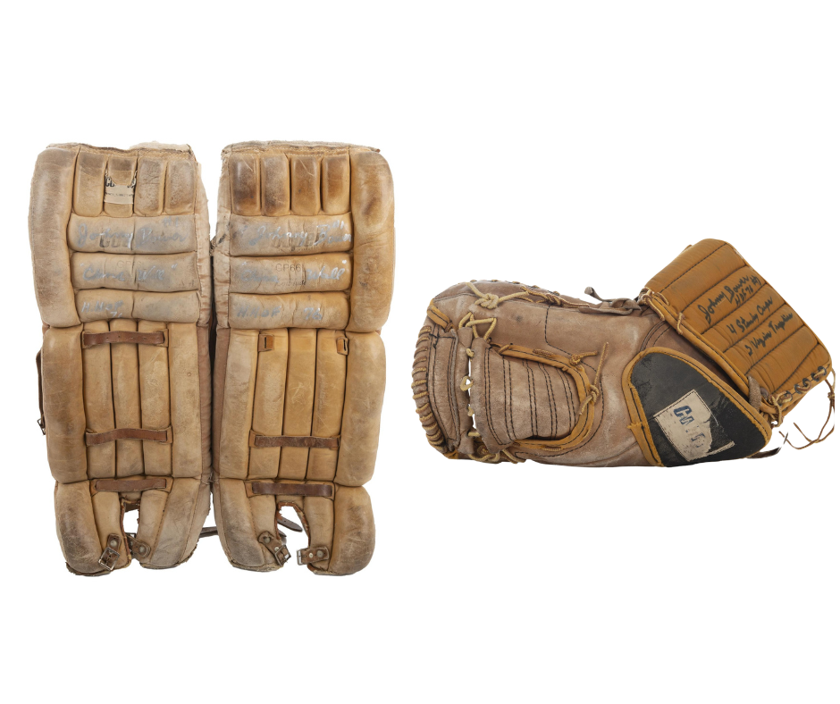 (PAST AUCTION) <br> Lot 98: Johny Bower Set Of Cooper Goalie Autographed and Inscribed Pads and Cooper Glove
