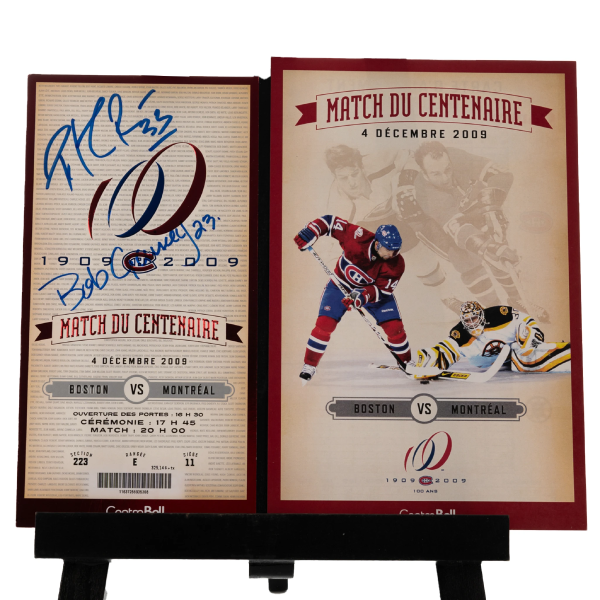 (PAST AUCTION) <br> LOT 43: PATRICK ROY BOB GAINEY AND YVAN COURNOYER AUTOGRAPHED CENTENNIAL GAME TICKET