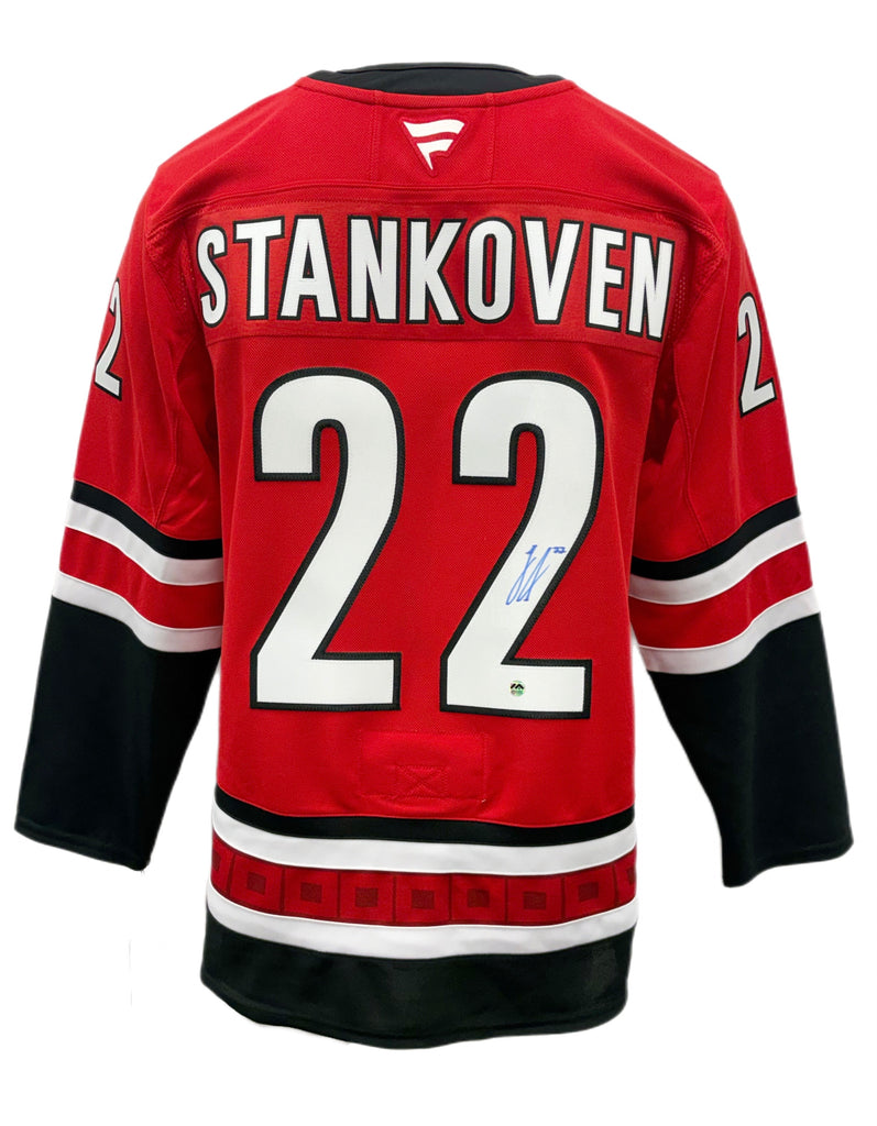 Logan Stankoven Autographié Carolina Hurricanes Red Fanatic Premium chandail