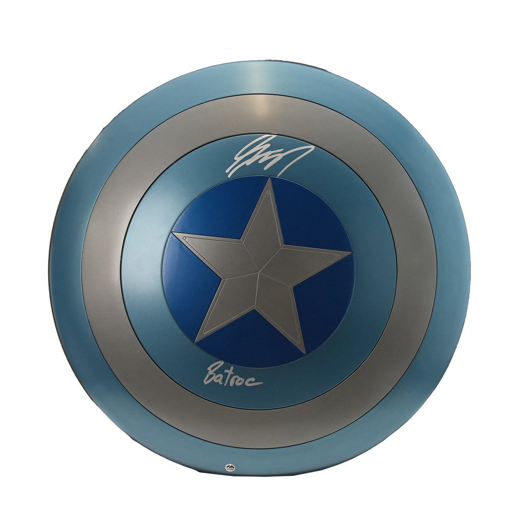 LOT 55: GEORGE ST-PIERRE AUTOGRAPHED AND INSCRIBED CAPTAIN AMERICA SHIELD REPLICA