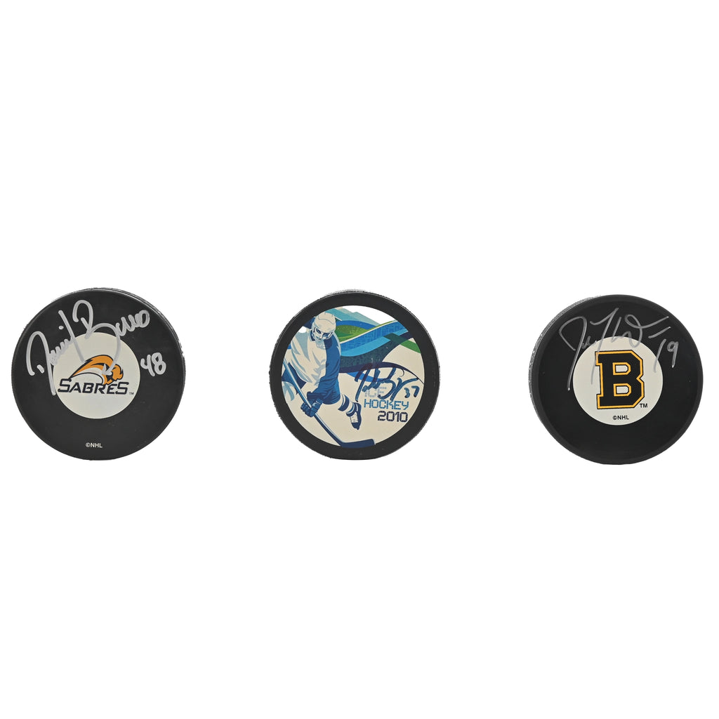 LOT 47: LOT OF 3 AUTOGRAPHED PUCKS DANIEL BRIERE, PATRICE BERGERON AND JOE THORNTON