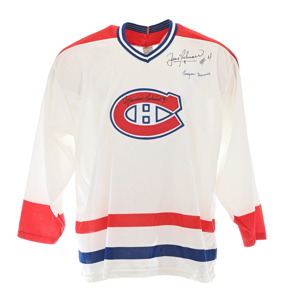 LOT 53: MAURICE RICHARD, JEAN BELIVEAU AND JACQUES DEMERS AUTOGRAPHED WHITE CCM JERSEY