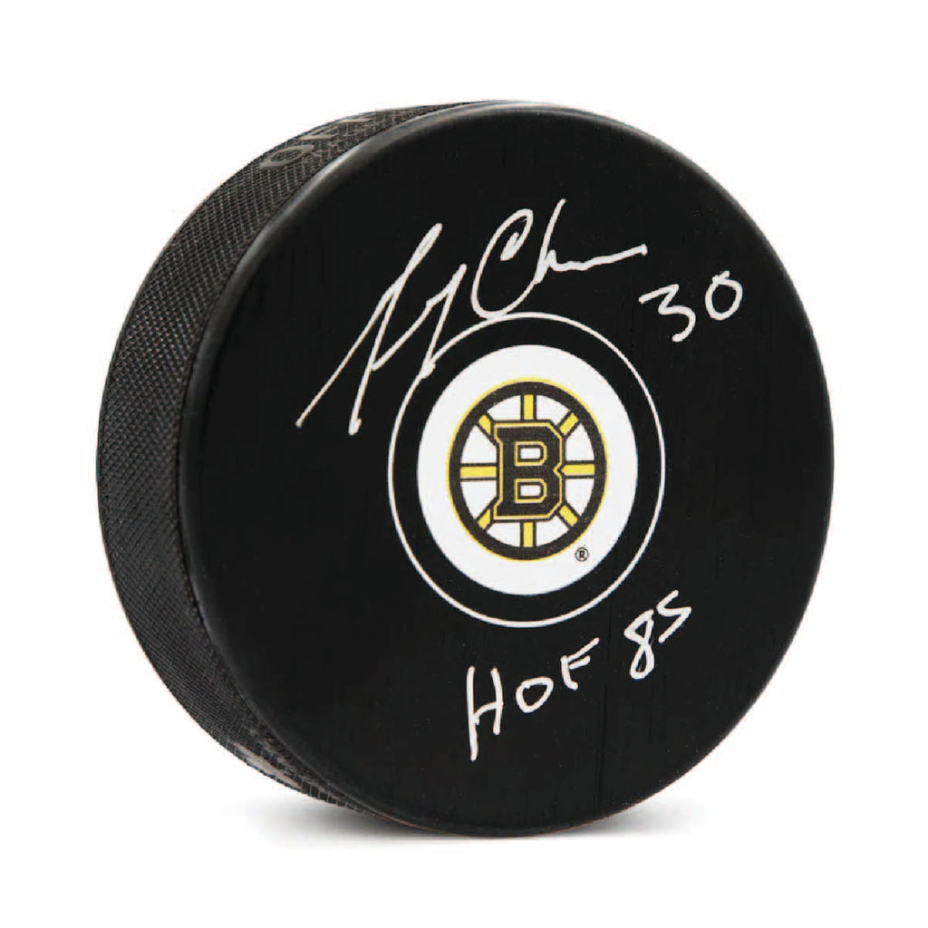 Gerry Cheevers Autographed & Inscribed Boston Bruins Hockey Puck with HOF Note