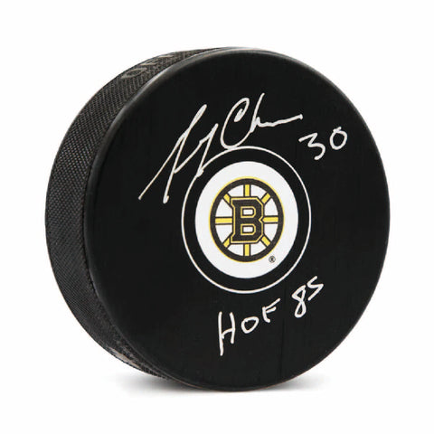 Gerry Cheevers Autographed & Inscribed Boston Bruins Hockey Puck with HOF Note
