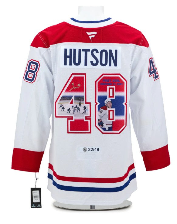 Lane Hutson Autographié Art du premier but en carrière des Canadiens de Montréal chandail #/48