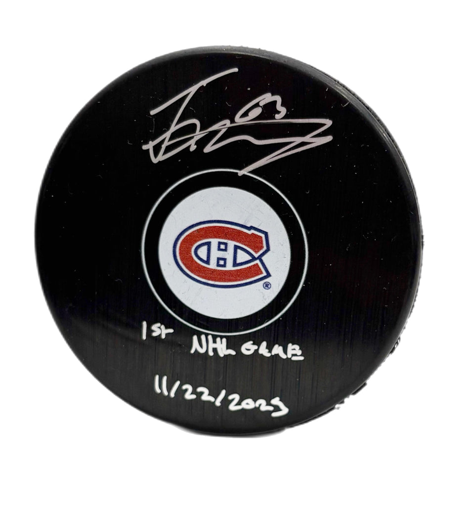 Florian Xhekaj Autographed & Inscribed Puck - Logo (Game)