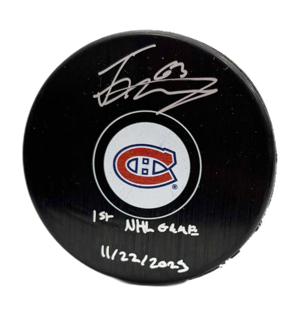 Florian Xhekaj Autographed & Inscribed Puck - Logo (Game)