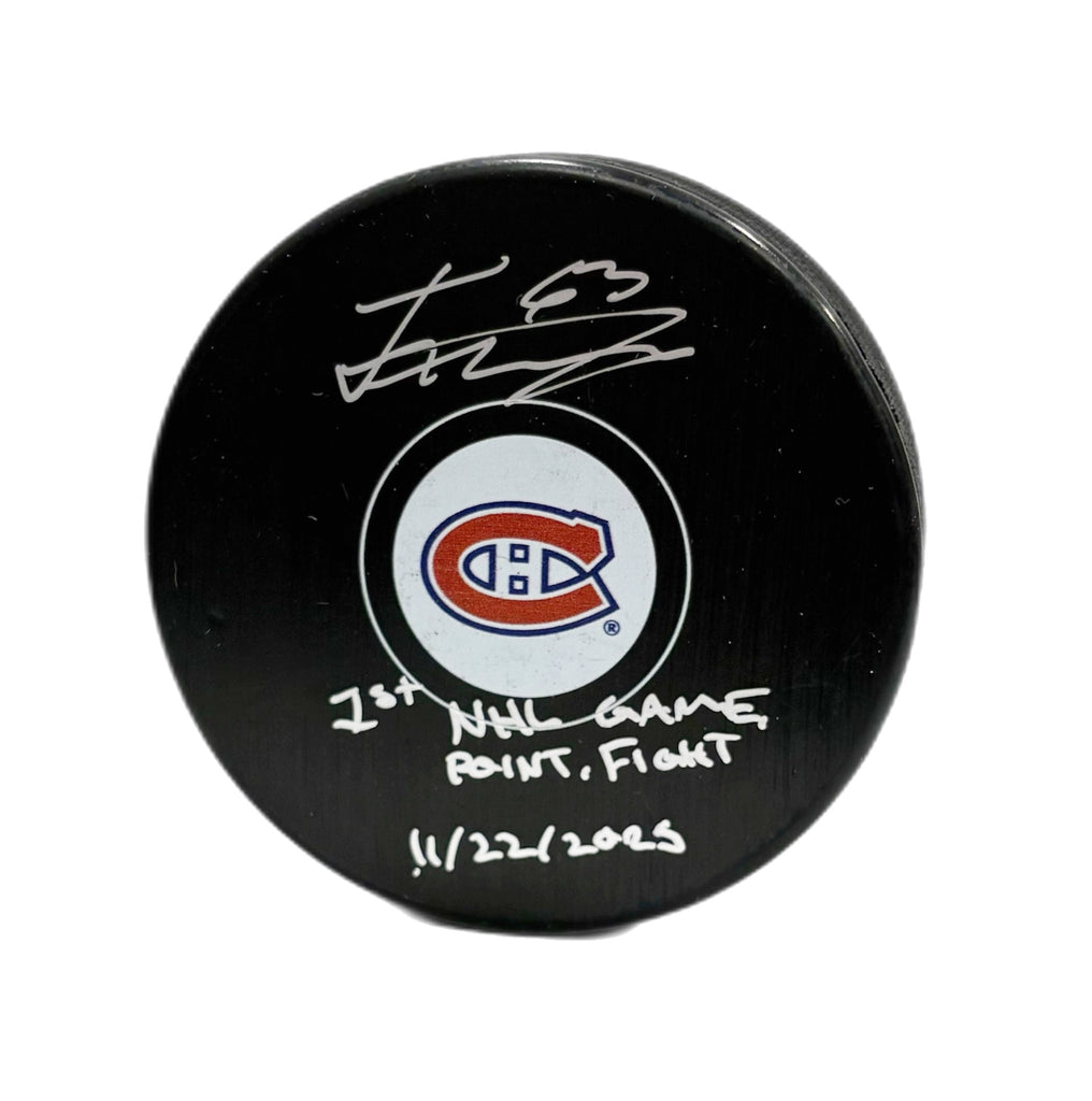Florian Xhekaj Autographed & Inscribed Puck - Logo (Game / Point / Fight)