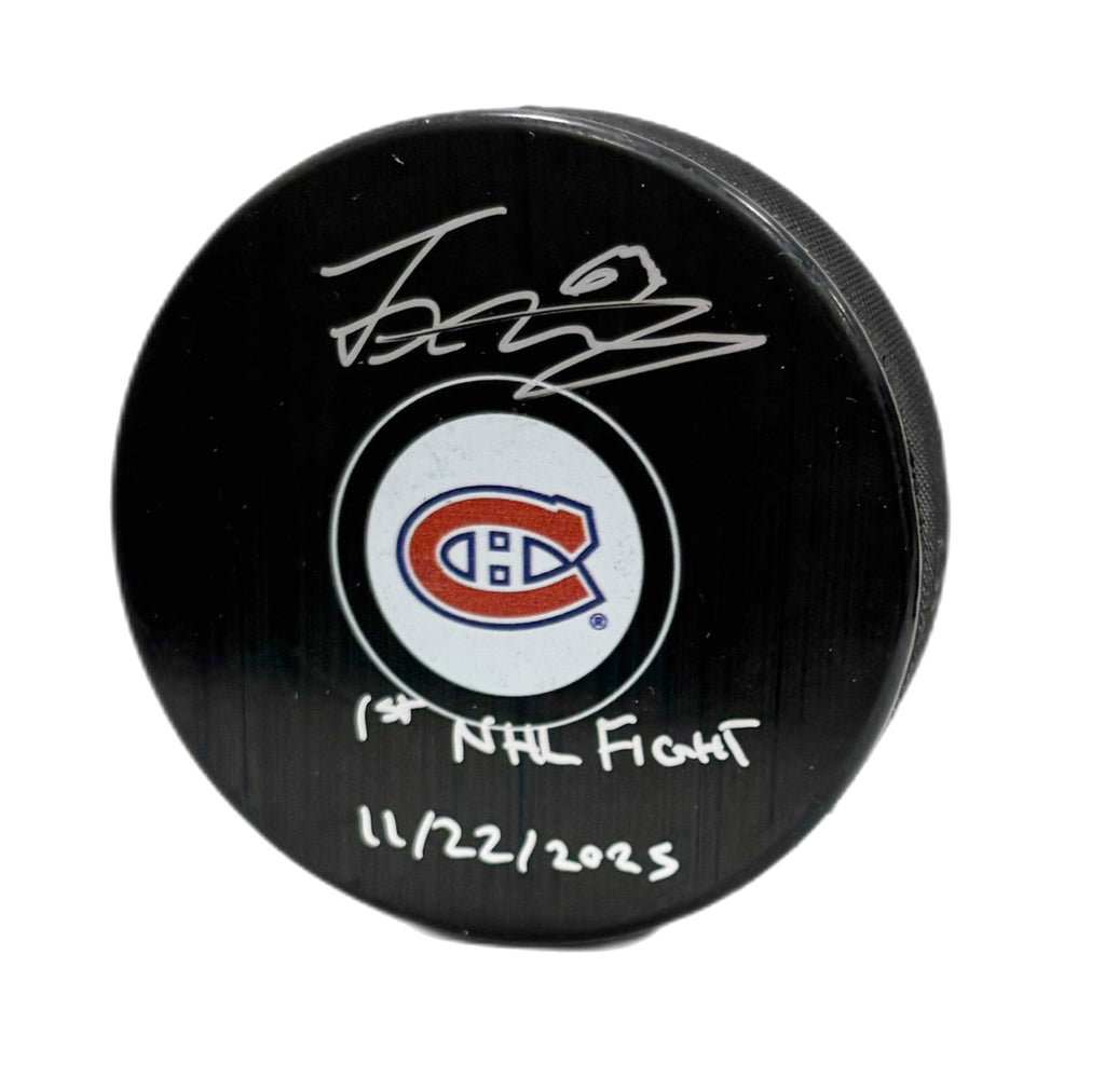 Florian Xhekaj Autographed & Inscribed Puck - Logo (Fight)