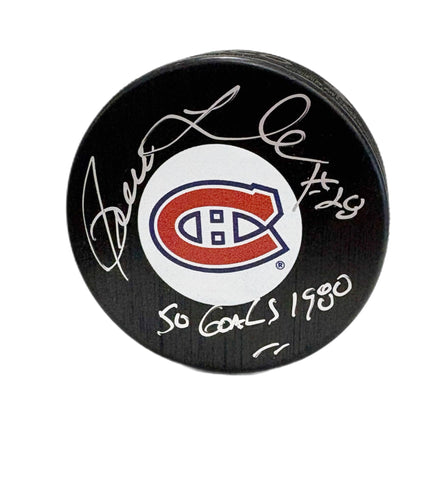 Pierre Larouche Autographed & Inscribed Puck - Logo (Goals)