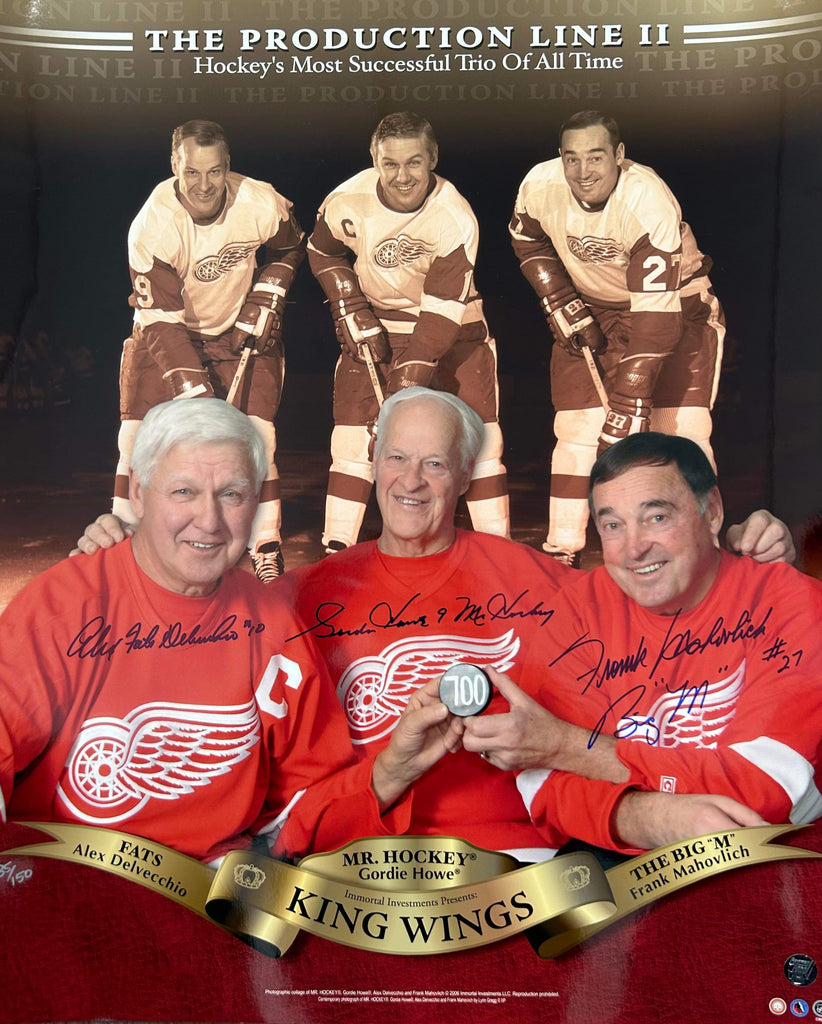 (PAST AUCTION) <br> Lot 118: Production Line 2 (Delvecchio/Howe/Mahovlich) Autographed and Inscribed16 x 20 Photo