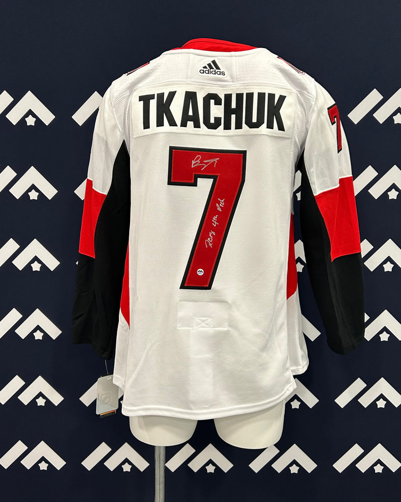 (PAST AUCTION) <br>Brady Tkachuk Autographed and Inscribed White Adidas Rookie Jersey