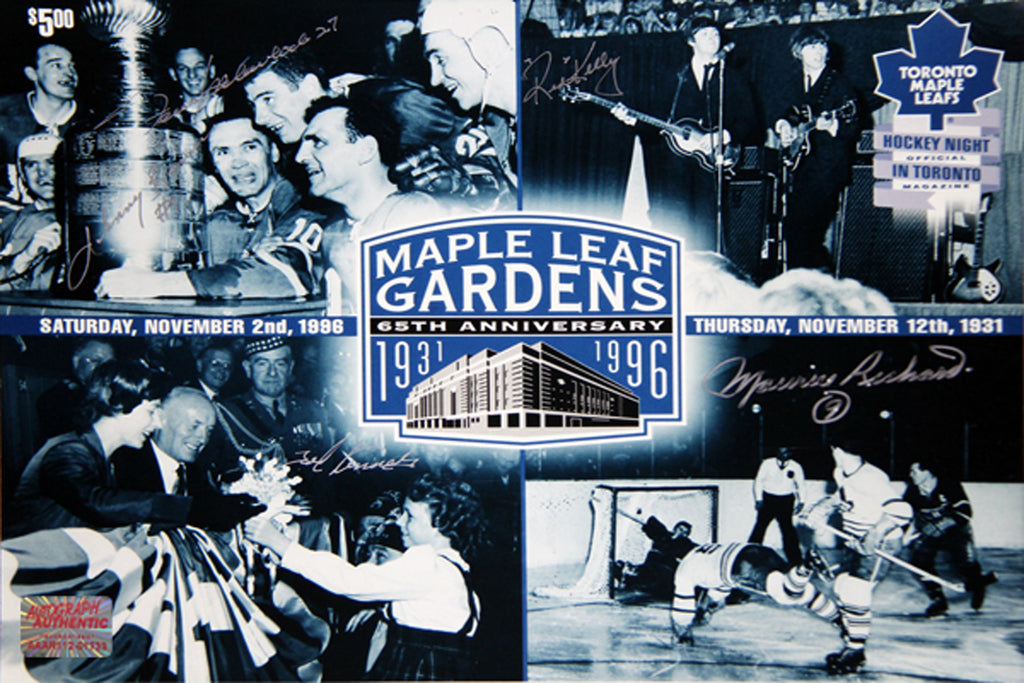 (PAST AUCTION) <br> Lot 40: Johny Bower, Frank Mahovlich, Red Kelly, Maurice Richard and Ted Kennedy Maple Leaf Gardens 65th Annversary Autographed 11x14 Photo