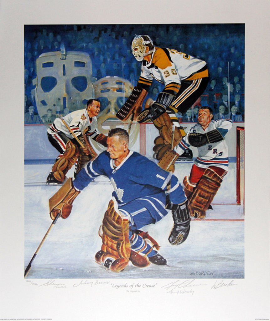 (PAST AUCTION) <br> Lot 48: Legends Of The Crease: Johnny Bower, Gump Worsley, Glen Hall and Gerry Cheevers Autographed 19 x 16 Litho - Limited Edition of 1966