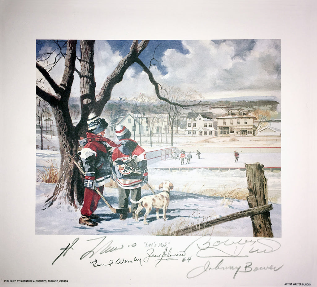(PAST AUCTION) <br> Lot 49: Johnny Bower, Guy Lafleur, Jean Beliveau, Bobby Hull and Gump Worsley Autographed 9.5 x 8.5 Litho