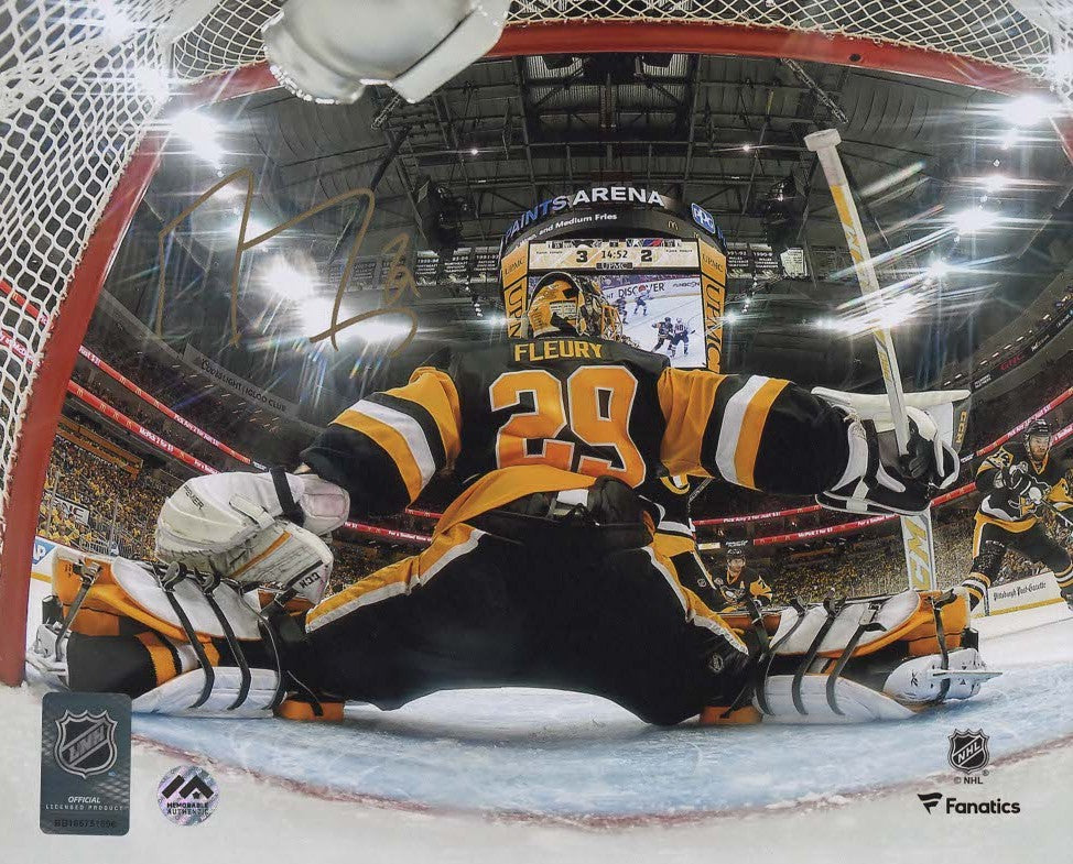 Marc-Andre Fleury Autographed 8x10 Photo - Net View (signed in gold)