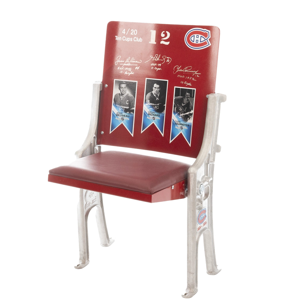 (PAST AUCTION) <br> Lot 8: Jean Beliveau, Henri Richard and Yvan Cournoyer (Ten Cups Club) Autographed Forum Chair - Limited Edition of 20