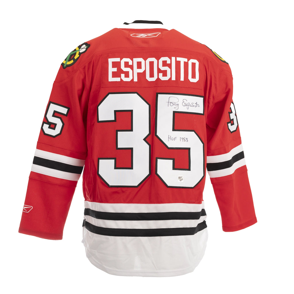 (PAST AUCTION) <br> Lot 96: Tony Esposito Autographed CCM Replica Jersey - Chicago Blackhawks