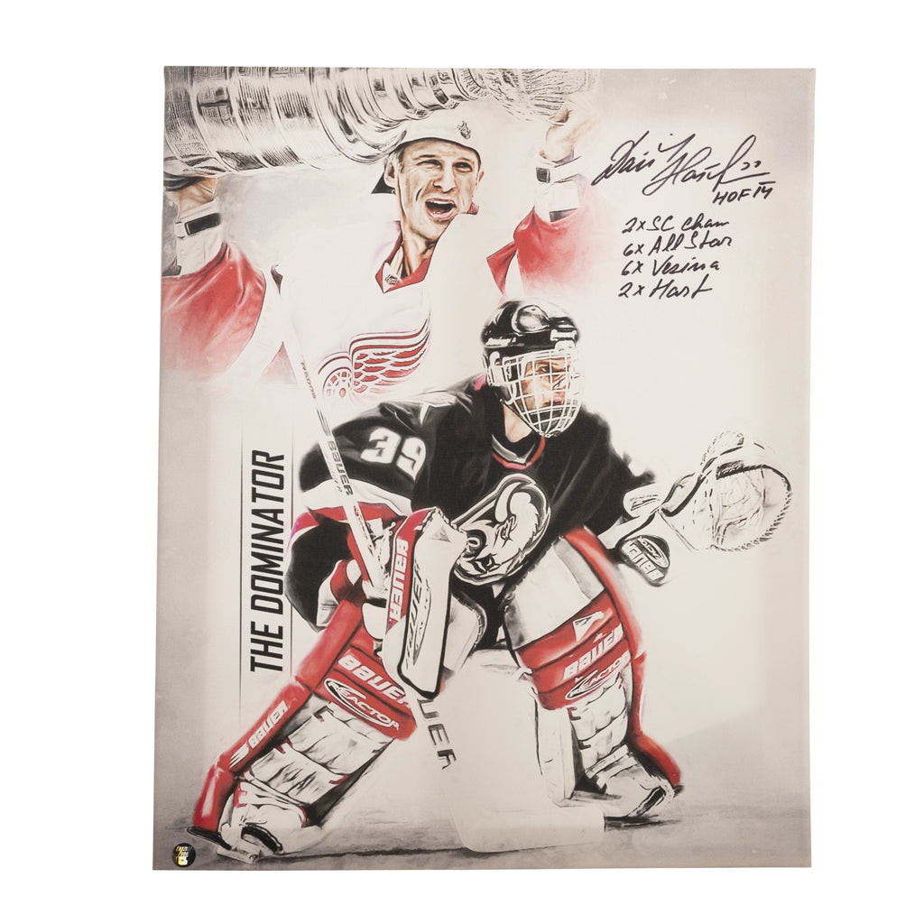 (PAST AUCTION) <br> Lot 94: Dominik Hasek Autographed and 5x Inscribed 16 x 20 Canvas