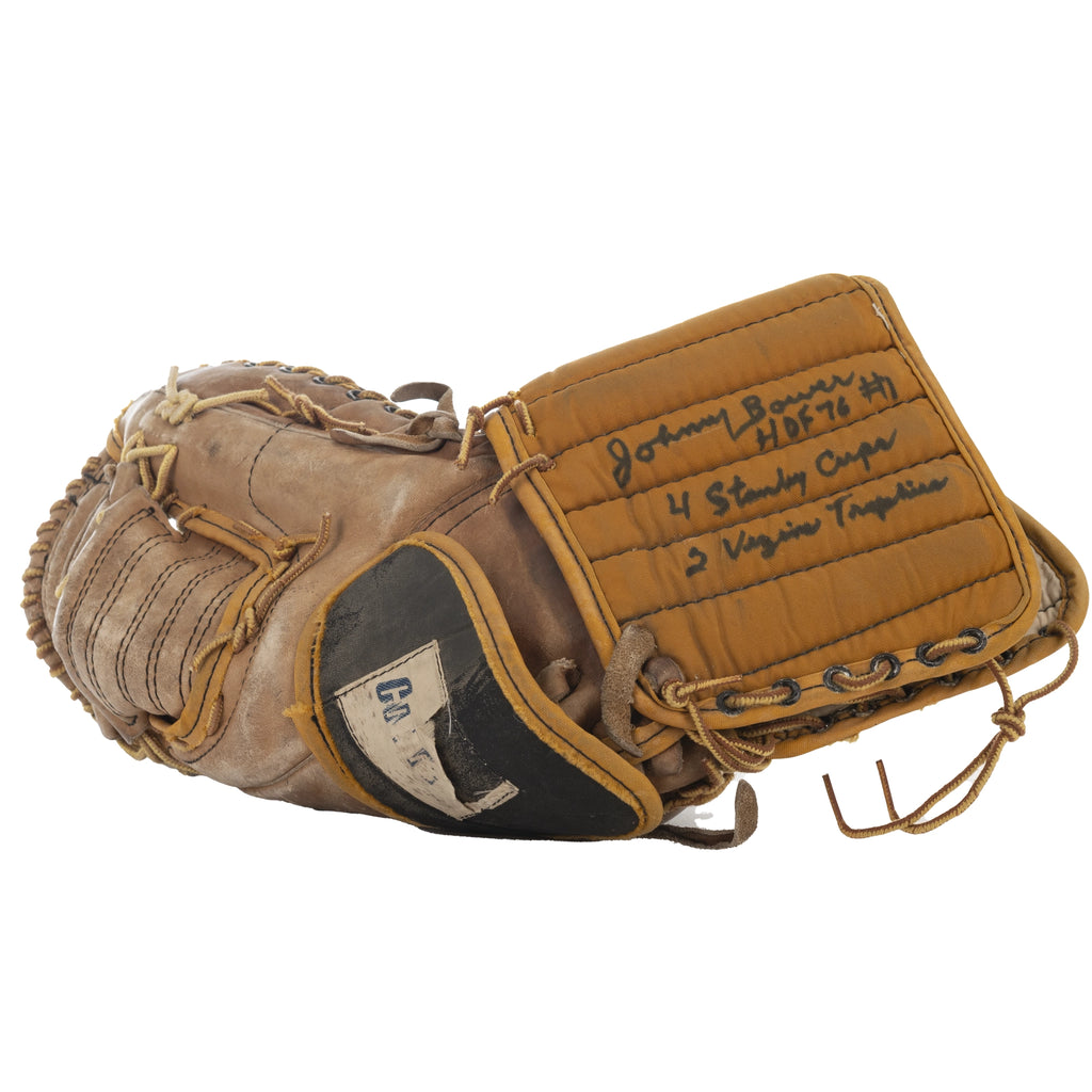 (PAST AUCTION) <br> LOT 103: JOHNY BOWER AUTOGRAPHED AND 3X INSCRIBED COOPER GLOVE