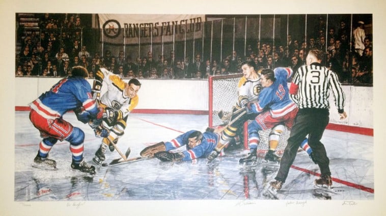 (PAST AUCTION) <br> LOT 71: VIC HADFIELD, ED GIACOMIN & JOHN BUCYK AUTOGRAPHED 31x38 LITHOGRAPH /2000