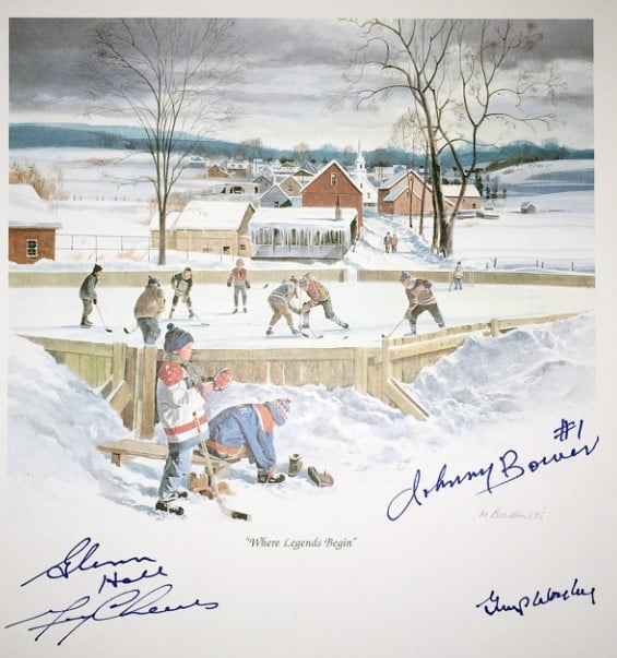 (PAST AUCTION) <br> LOT 68: JOHNNY BOWER, GERRY CHEEVERS, GLEN HALL AND GUMP WORSLEY AUTOGRAPHRED 10X10 LITHOGRAPH - Where Legends Begin