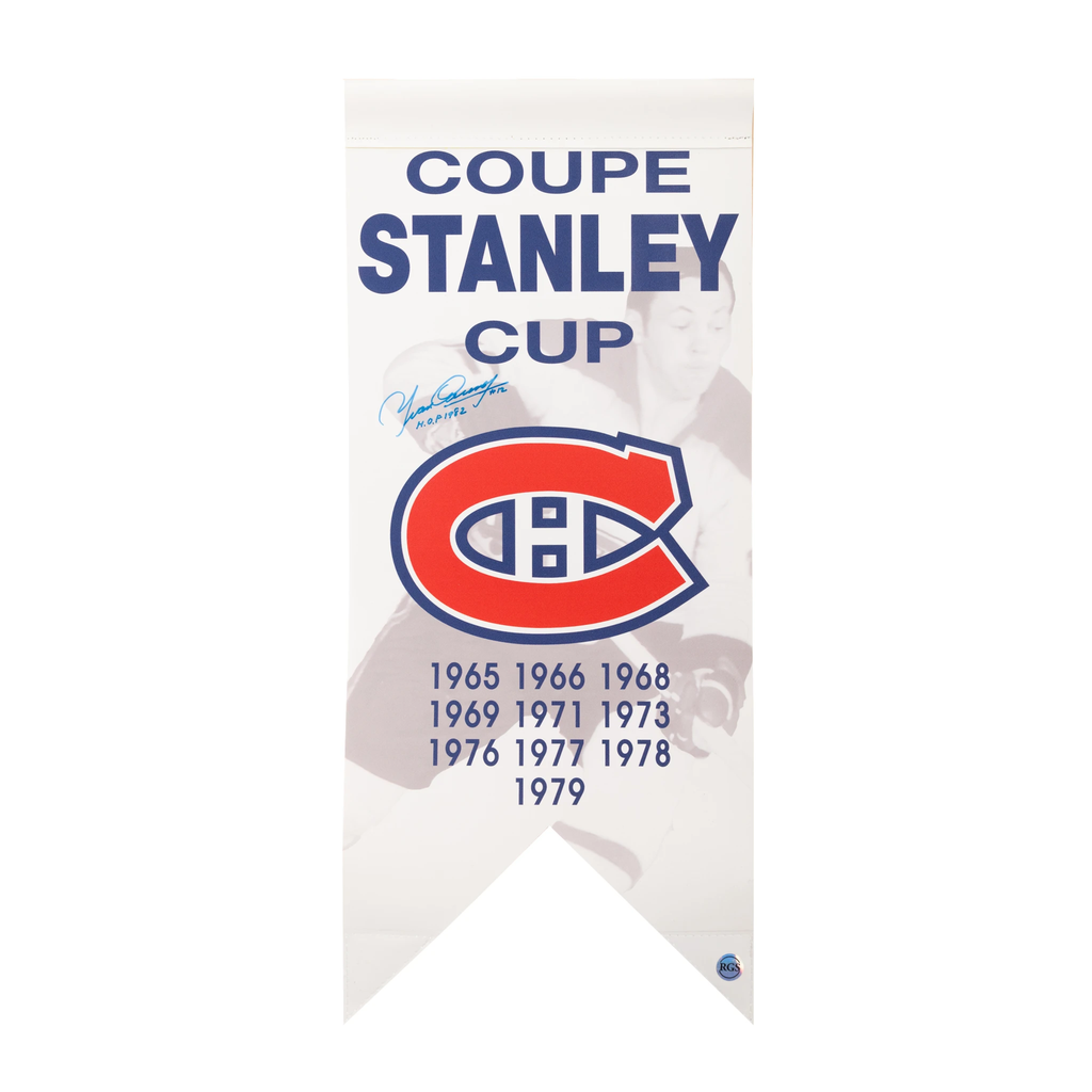 (PAST AUCTION) <br> LOT 29: YVAN COURNOYER AUTOGRAPHED AND INSCRIBED 12X28 STANLEY CUP BANNER