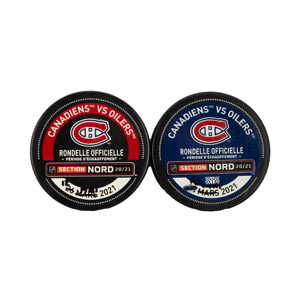 (PAST AUCTION) <br> LOT 104: 2X MONTREAL CANADIENS WARM UP PUCKS DATED - COVID GAME