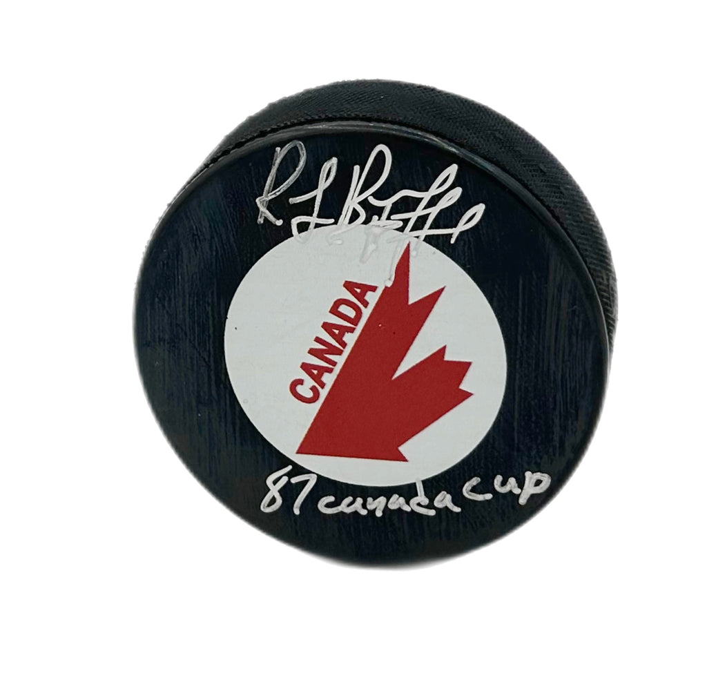 Raymond Bourque Autographed & Inscribed Puck - Logo Team Canada Cup