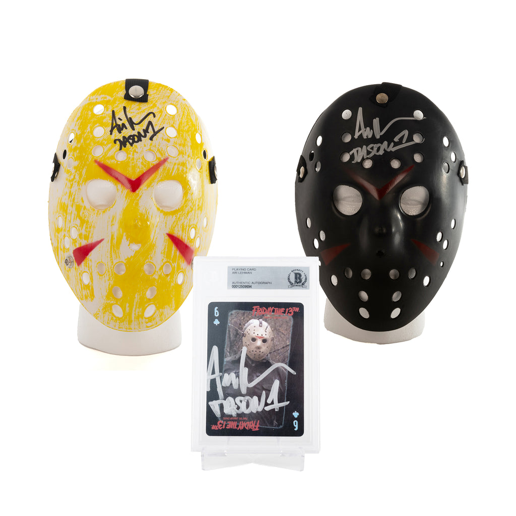 (PAST AUCTION) <br> Lot 39: 2x Ari Lehman autographed Jason Mask with Autographed playing graded card