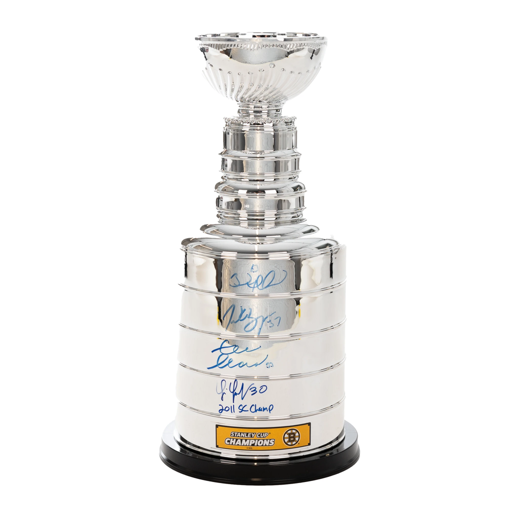 (PAST AUCTION) <br> LOT 34: PATRICE BERGERON, BRAD MARCHAND, TIM THOMAS AND ZDENO CHARA AUTOGRAPHED 14" STANLEY CUP REPLICA