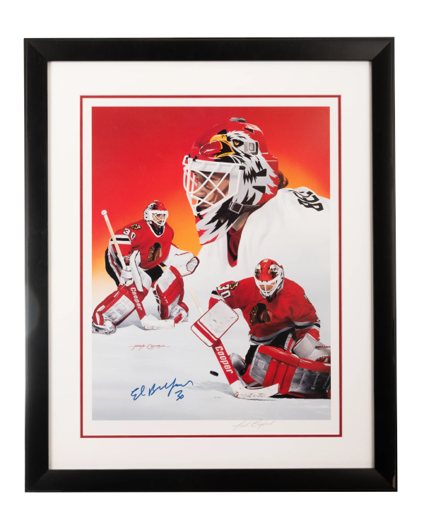 (PAST AUCTION) <br> LOT 42: ED BELFOUR AUTOGRAPHED 17x22 FRAMED LITHOGRAPH (Flawed)