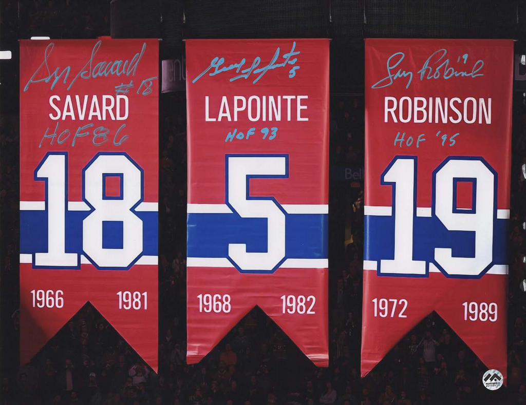 Guy Lapointe / Serge Savard / Larry Robinson Autographed & Inscribed 16x20 Photo - Banner